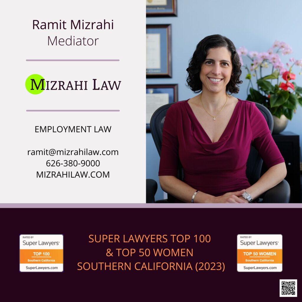 Ramit Mizrahi card with contact information and announcement and icons of Super Lawyers Top 100 and Top 50 Women lists.