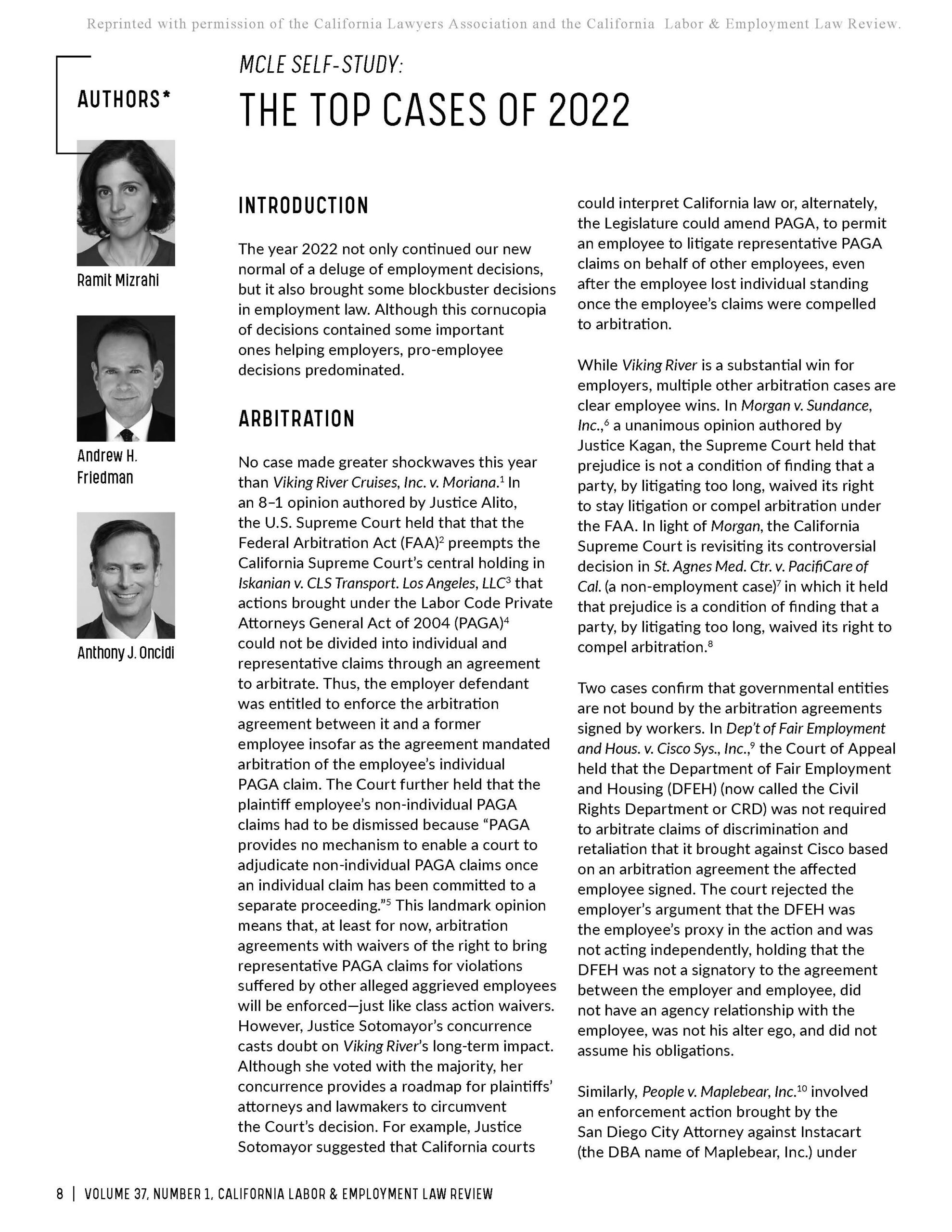 The Top Employment Cases of 2022 [Mizrahi, et al. article in Cal. L&E ...